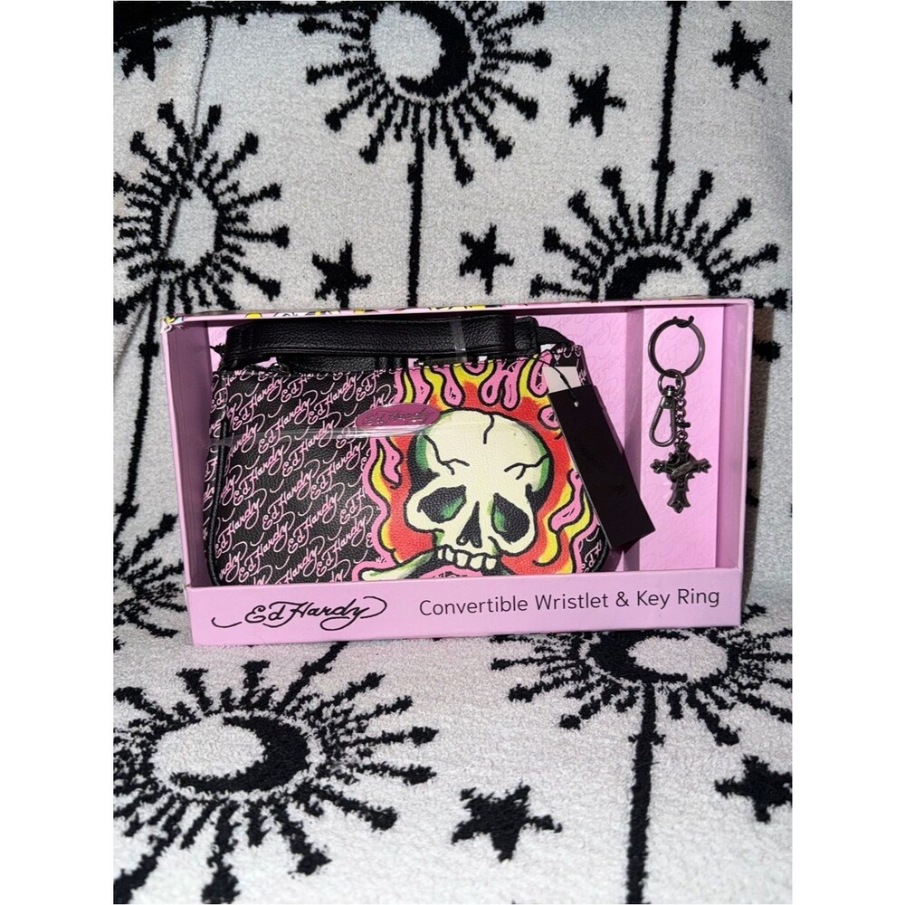 Ed Hardy Convertible Mini Bag / Wristlet Pink & Black Flaming Skull with Charm